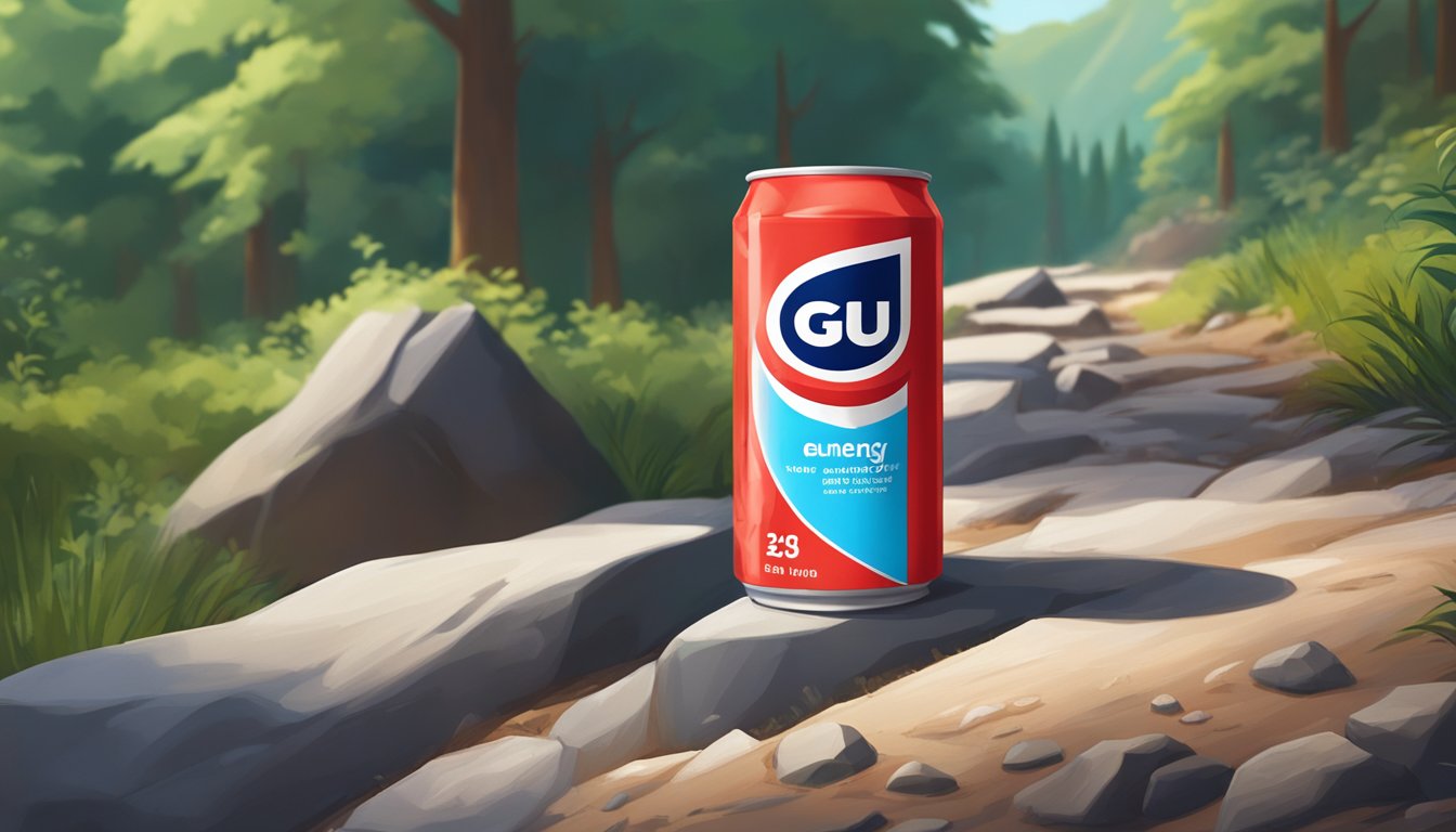A bright red and white can of GU energy gel sits on a rocky trail, surrounded by lush green trees and a clear blue sky