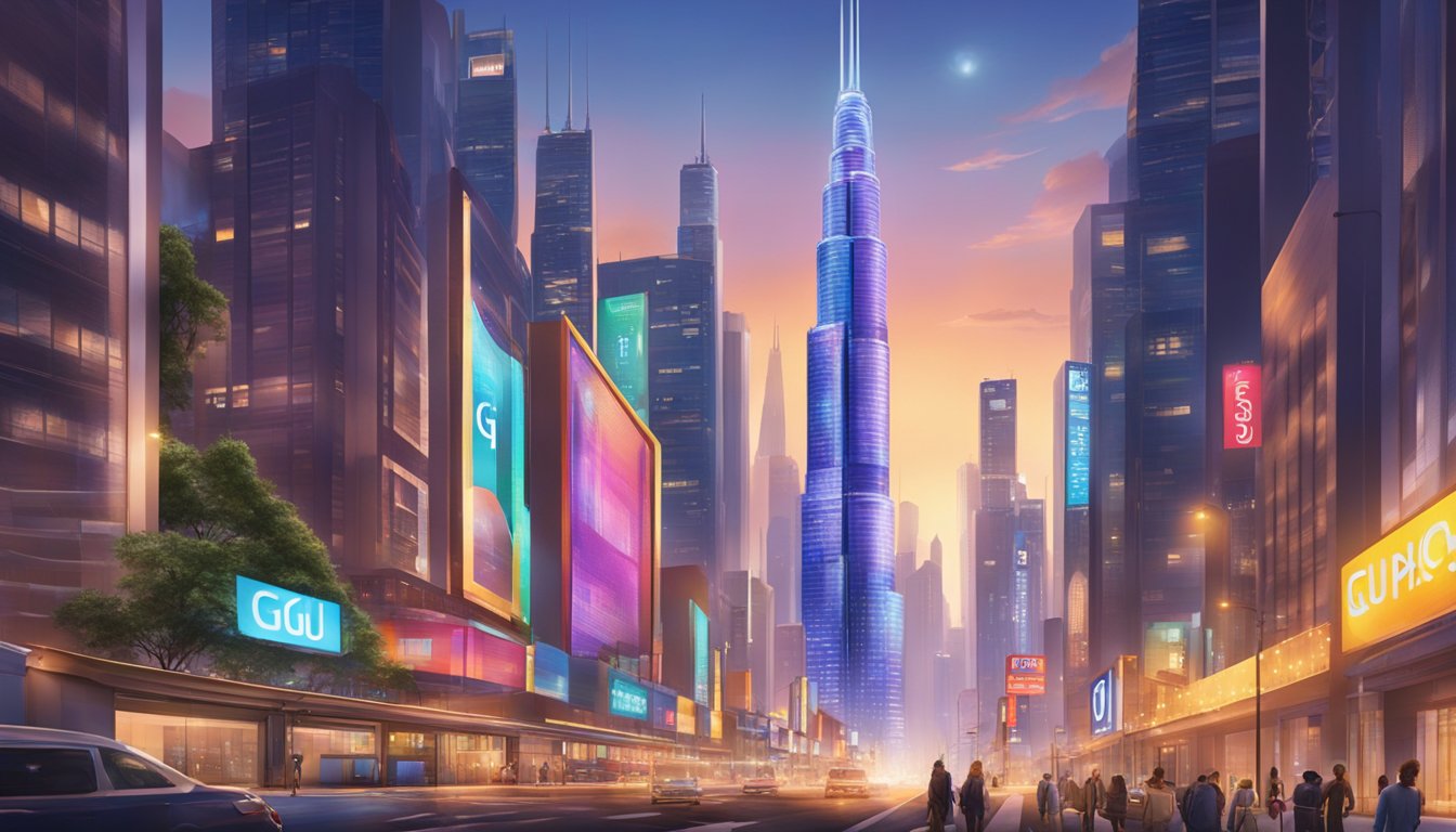 A vibrant, modern cityscape with the iconic "gu" brand logo prominently displayed on a towering skyscraper. Bright lights and bustling streets convey a sense of energy and excitement