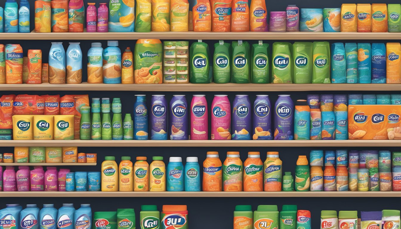 A variety of Gu brand products arranged neatly on a display shelf