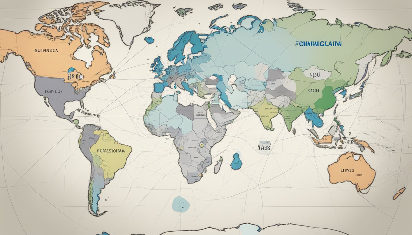 A world map with highlighted regions, connecting lines, and the "GU" brand logo in the center