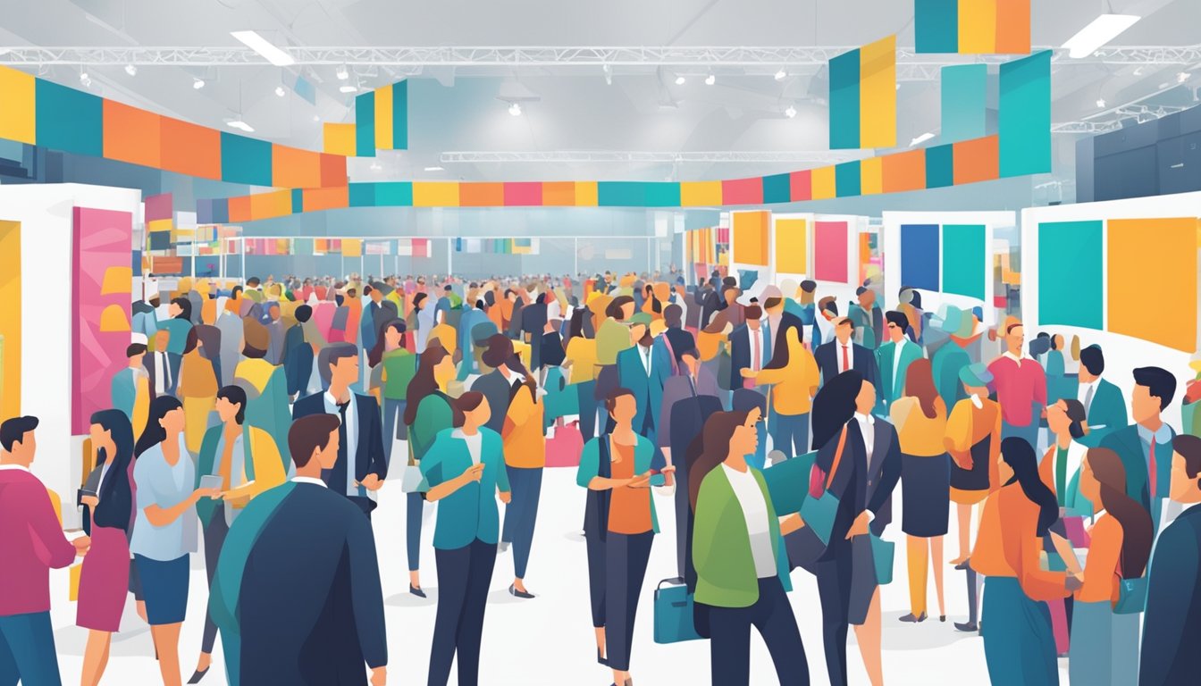 A bustling trade show with colorful banners and enthusiastic attendees engaging with branded merchandise and sales representatives