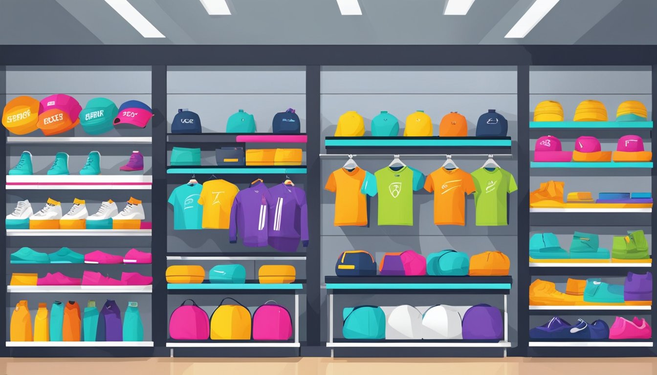 Colorful gym apparel brands displayed on shelves in a modern store. Bright logos and patterns stand out against the sleek, minimalist design