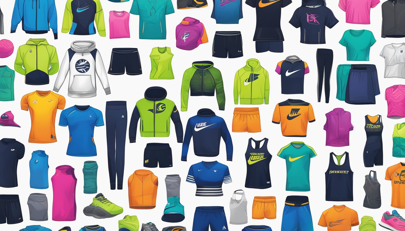A vibrant display of top gym apparel brands, featuring sleek logos and bold colors on high-quality athletic wear