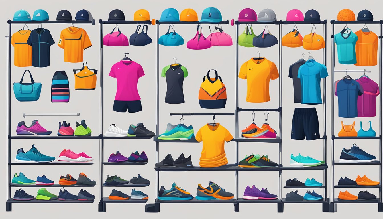 A diverse array of gym apparel brands displayed on racks, from sleek activewear to durable training gear, with vibrant colors and modern designs