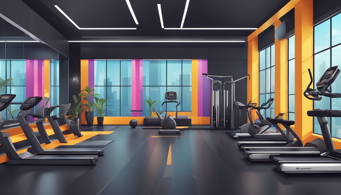 A sleek, modern gym with shelves of stylish workout clothes and accessories. Bold logos and vibrant colors catch the eye, while innovative materials and designs suggest high performance