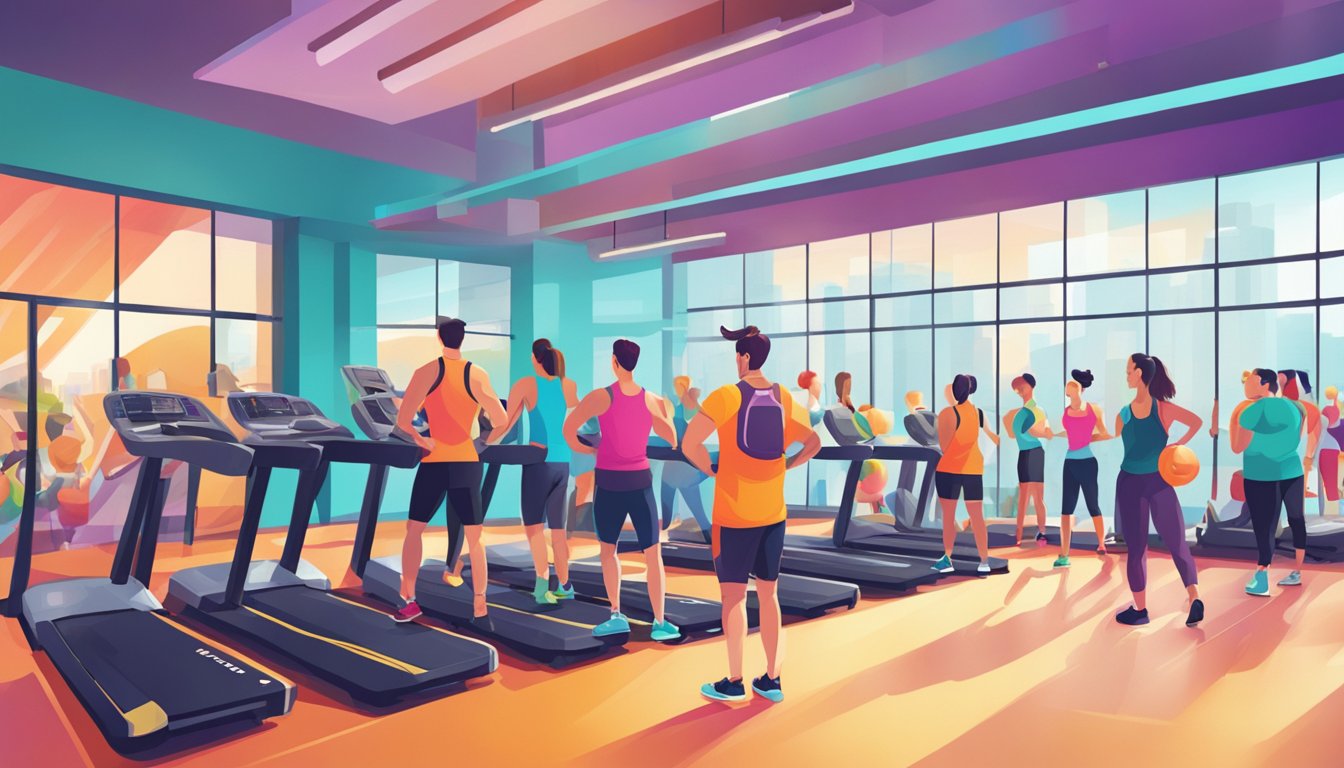 A vibrant gym filled with people wearing colorful and stylish workout apparel from various brands, creating an energetic and motivating atmosphere
