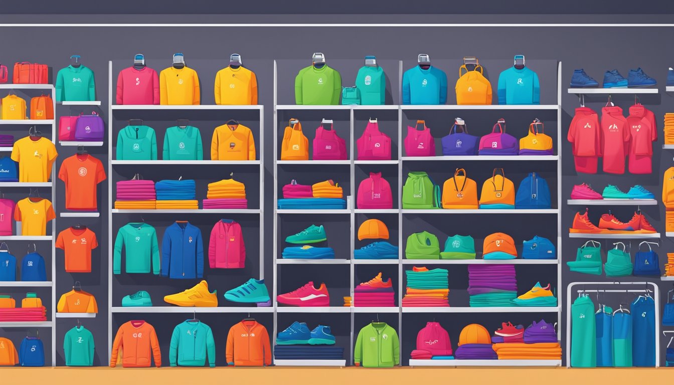 A display of popular gym apparel brands with bold logos and vibrant colors, neatly organized on shelves with price tags and a "Frequently Asked Questions" sign