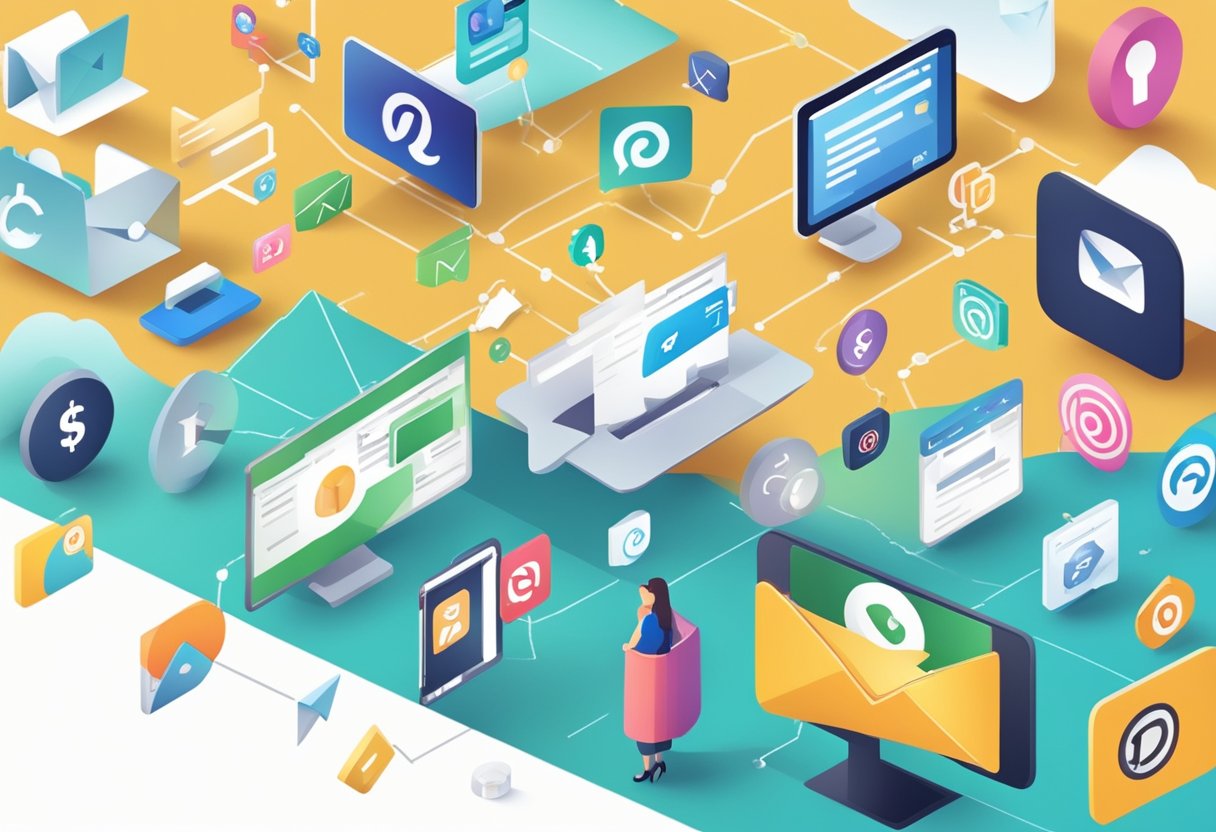 A diverse group of symbols and icons representing various lead generation types, such as email, social media, and website forms, are scattered across a digital landscape
