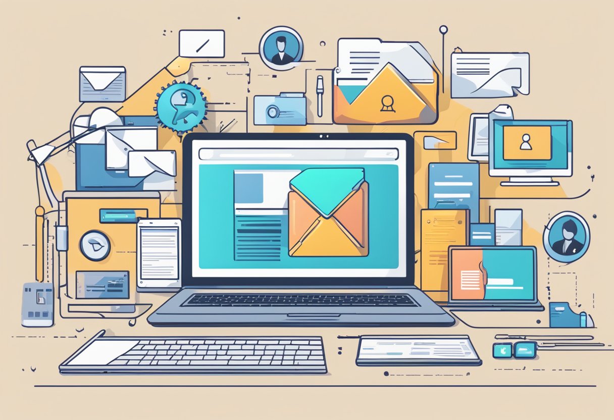 A laptop surrounded by various lead generation tools, such as email marketing software, social media ads, and content marketing materials
