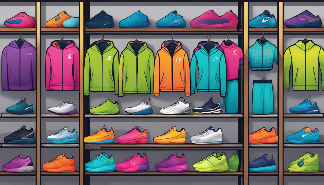 Brightly lit display of top gym wear brands on shelves, with vibrant colors and sleek designs. Logo prominently featured on each item
