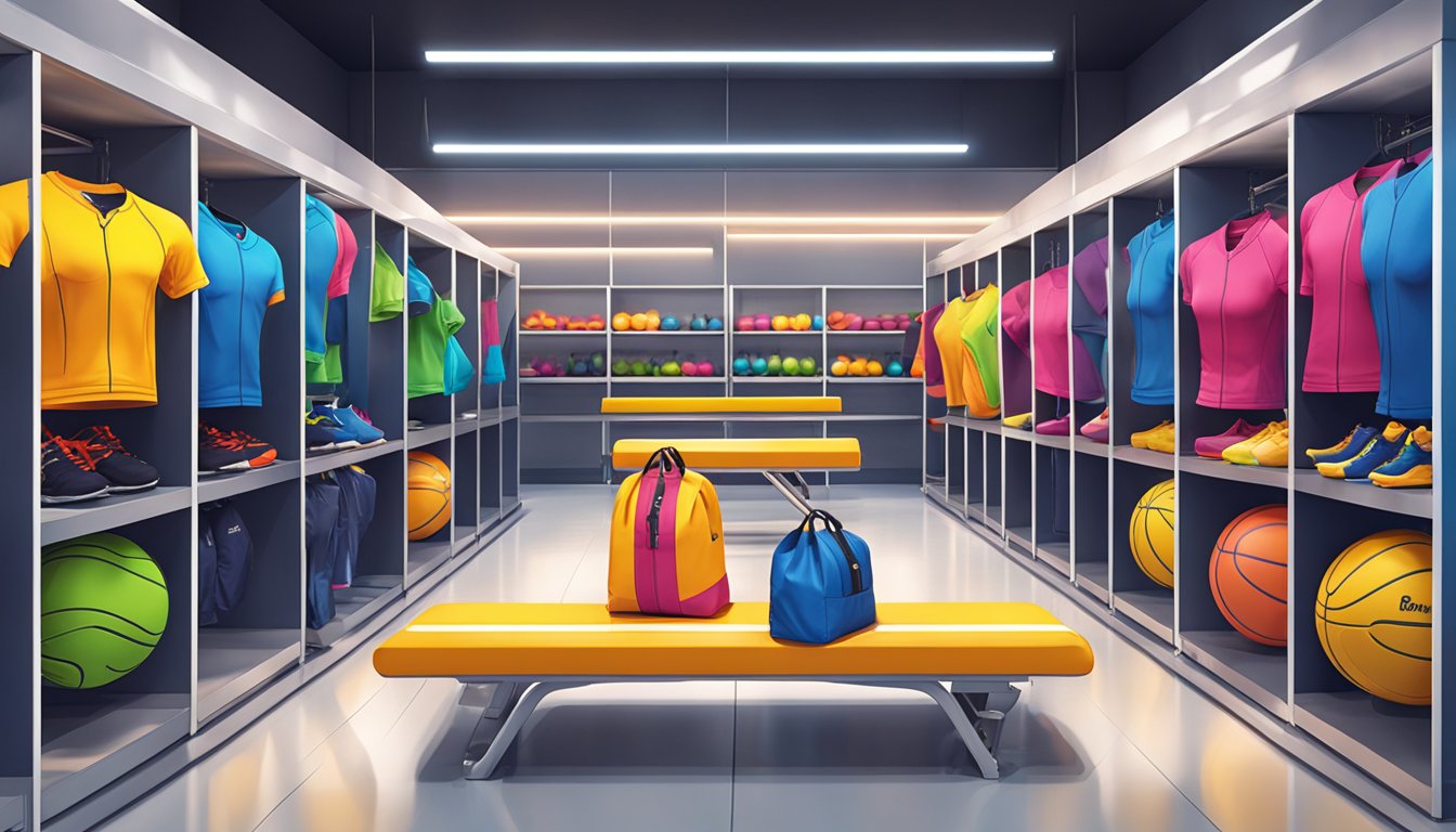 A vibrant gym with branded workout attire displayed on mannequins and shelves, showcasing the quality and functionality of the clothing
