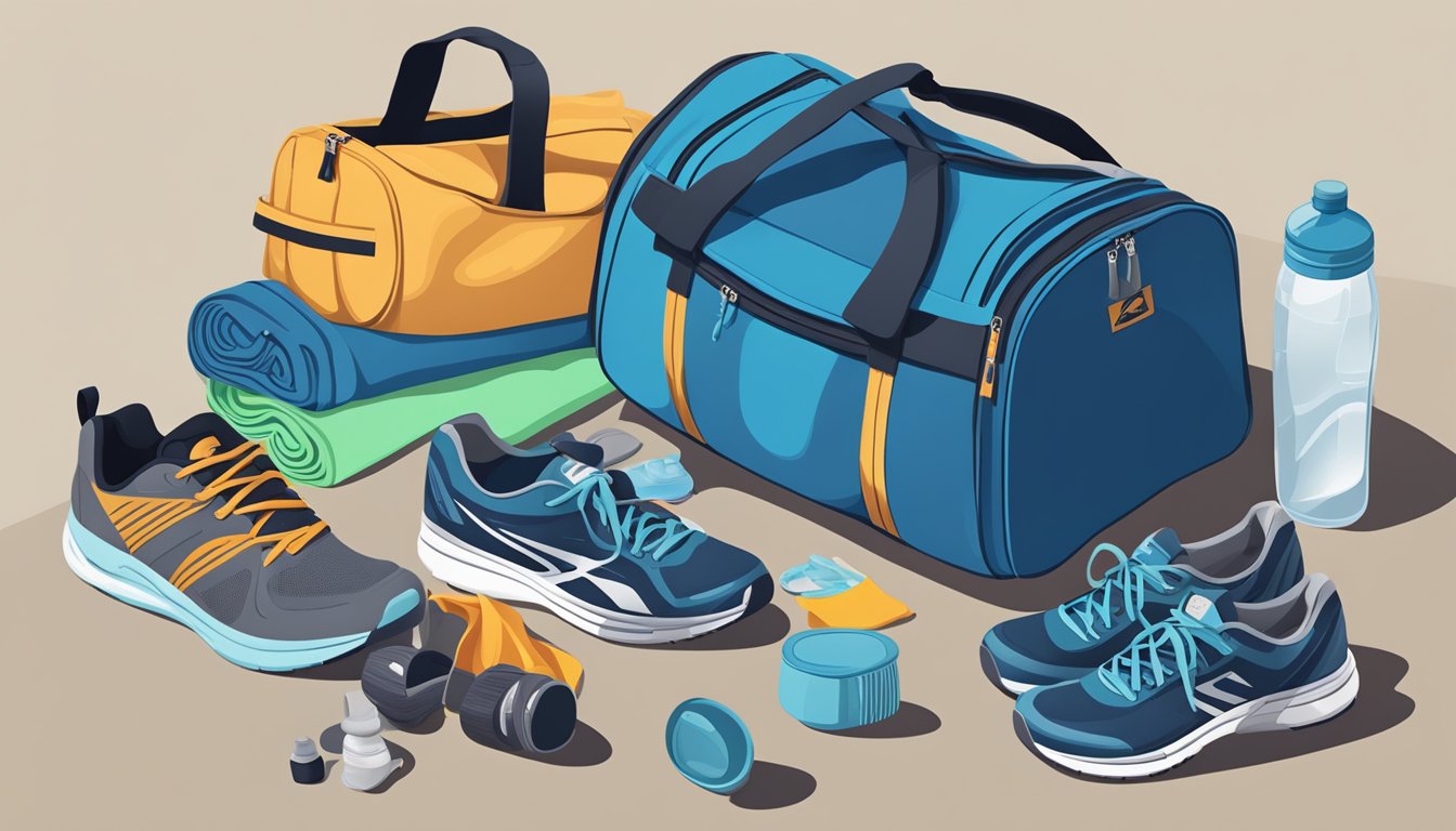 A gym bag open on the floor, with running shoes, water bottle, towel, and workout clothes spilling out