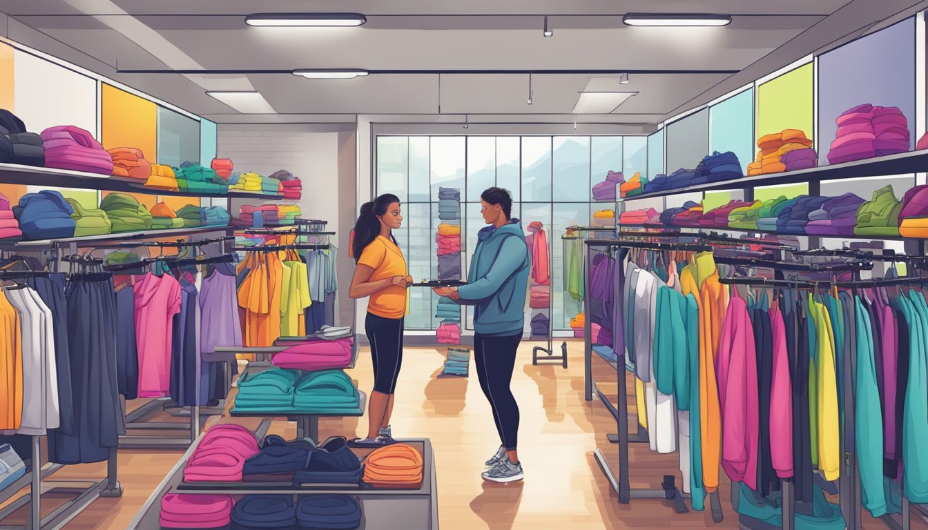 People browsing through racks of colorful gym wear at a fitness store