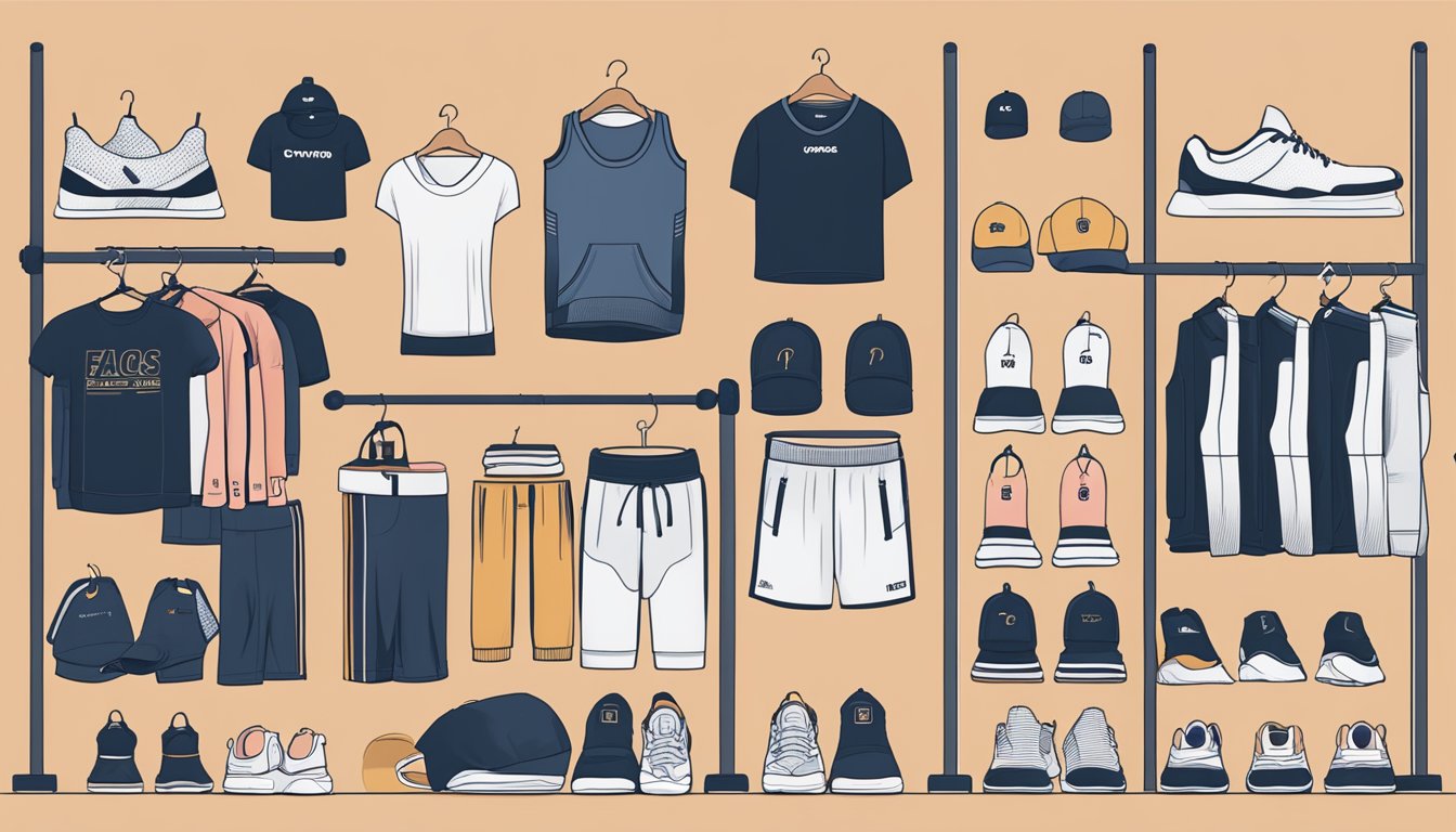 A display of gym wear brands with labeled FAQs, showcasing various styles and designs