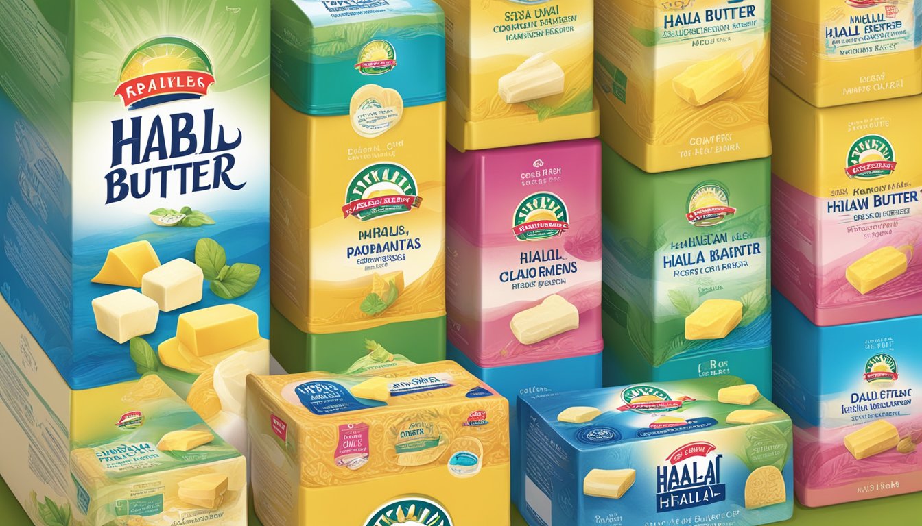 A table displays various halal butter brands in colorful packaging