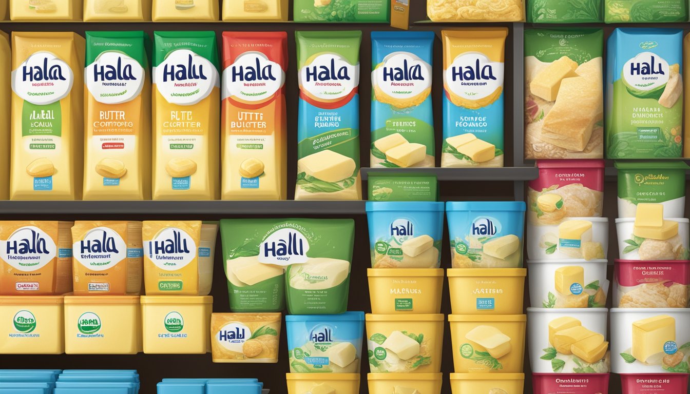 A halal certification logo prominently displayed on packaging of various butter brands in a supermarket aisle