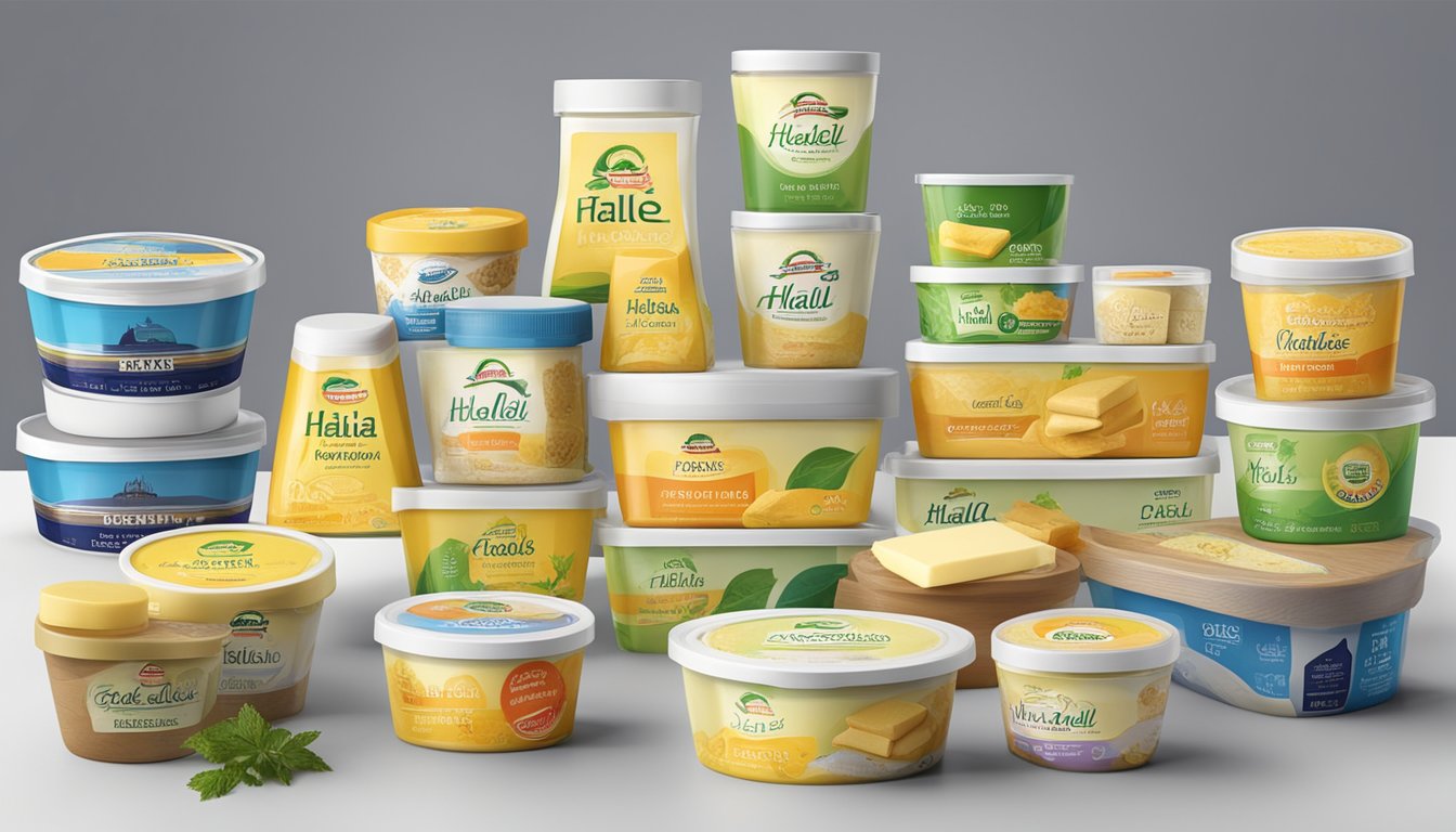 A table with various halal butter brands displayed, each with distinct packaging and labeling