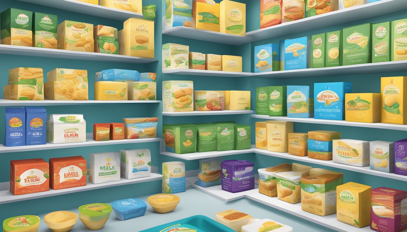 A display of various halal butter brands and products arranged on a clean, modern countertop. The packaging is colorful and eye-catching, with clear halal certification labels
