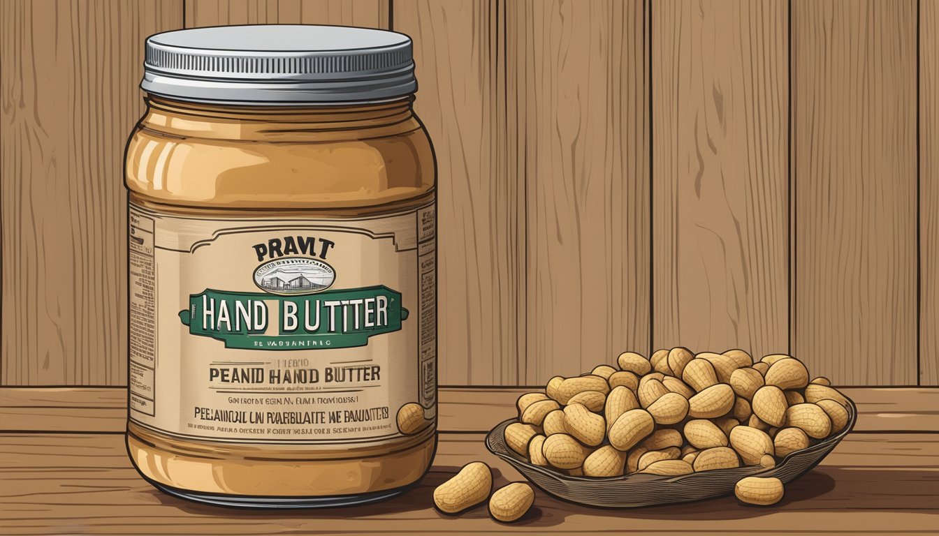 A jar of Hand Brand peanut butter sits on a wooden table, surrounded by scattered peanuts and a vintage-style label