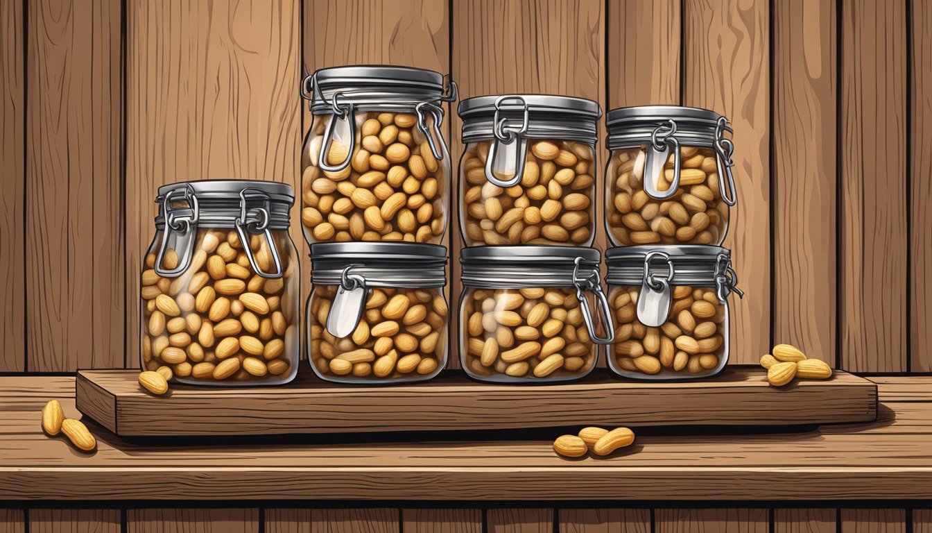 A jar of hand-branded peanut products displayed on a wooden shelf with a rustic background