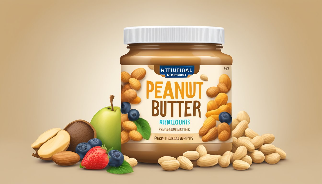 A jar of Nutritional Benefits brand peanut butter surrounded by fresh peanuts and a variety of fruits, highlighting its natural and wholesome ingredients