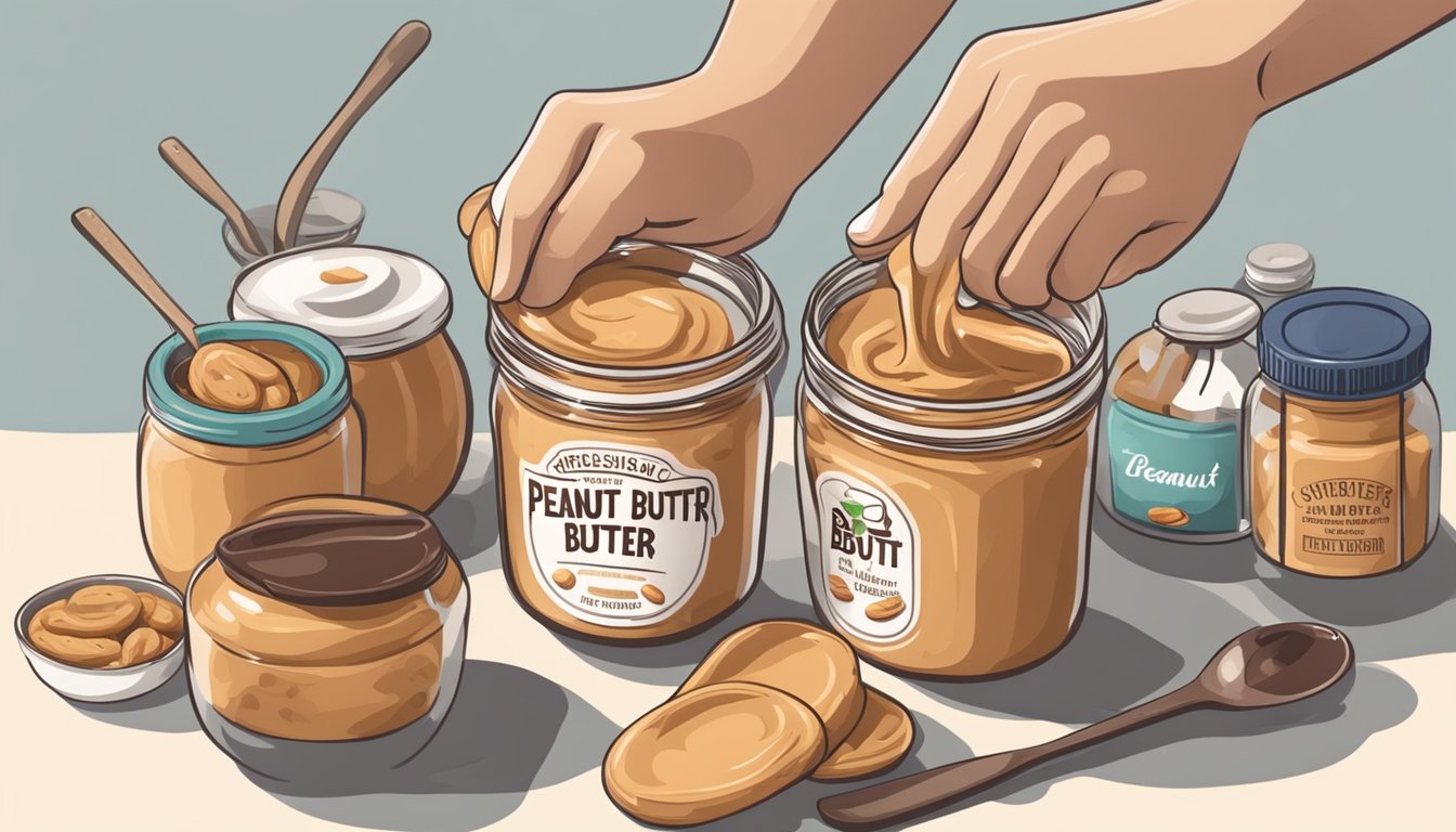 A hand holding a jar of peanut butter, surrounded by various kitchen utensils and ingredients