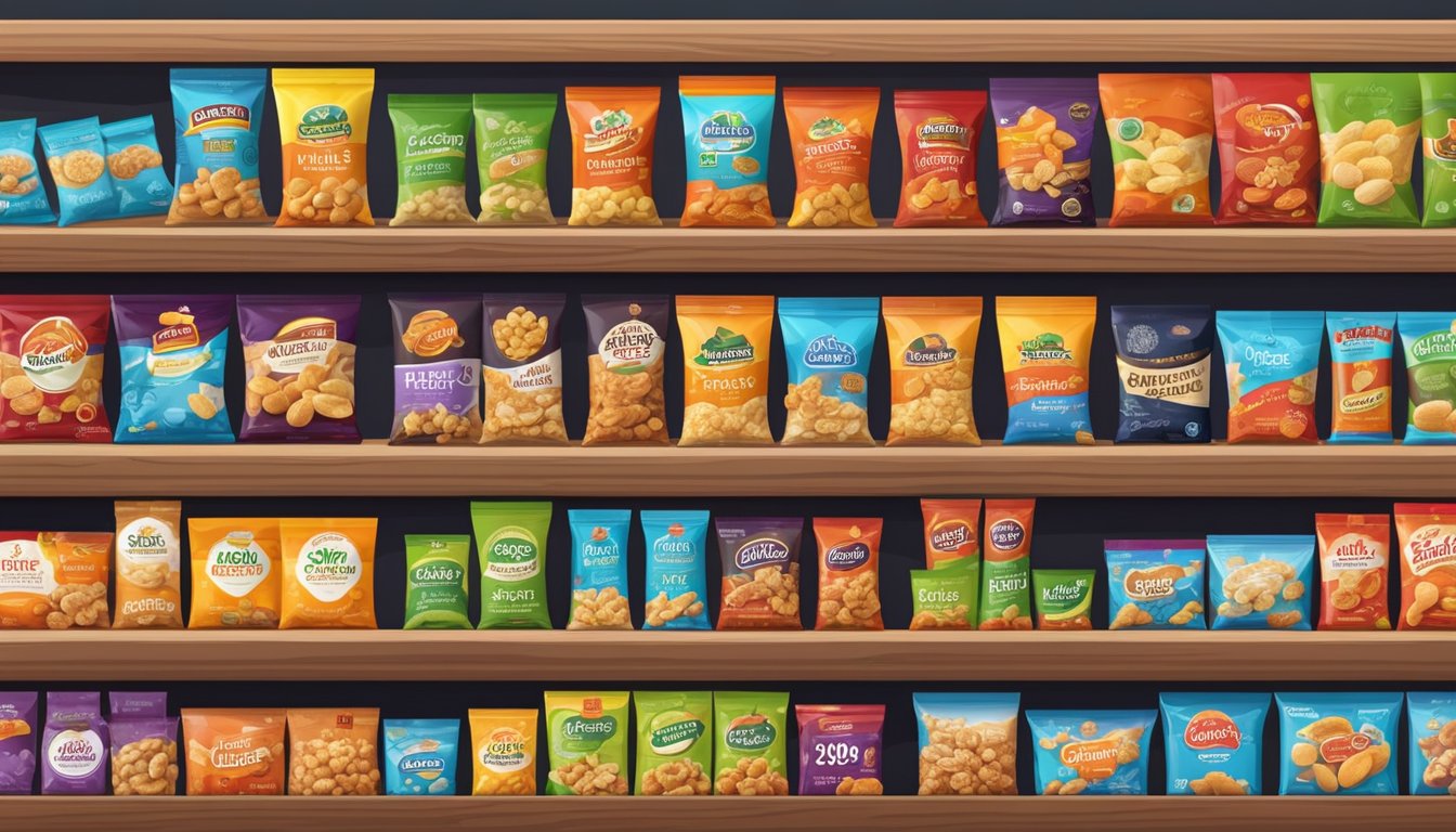 A variety of colorful, neatly arranged packages of healthy salty snacks, with bold brand logos and enticing product names, sit on a wooden display shelf