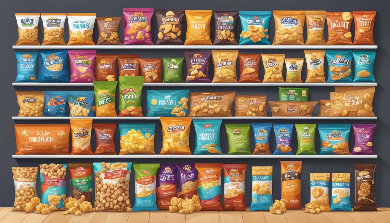 A colorful array of healthy salty snacks fills the shelves, showcasing various brands and flavors. Crunchy chips, roasted nuts, and savory popcorn invite exploration