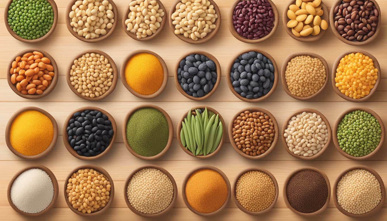 A variety of legumes and grains arranged in a colorful display, showcasing different brands of healthy salty snacks