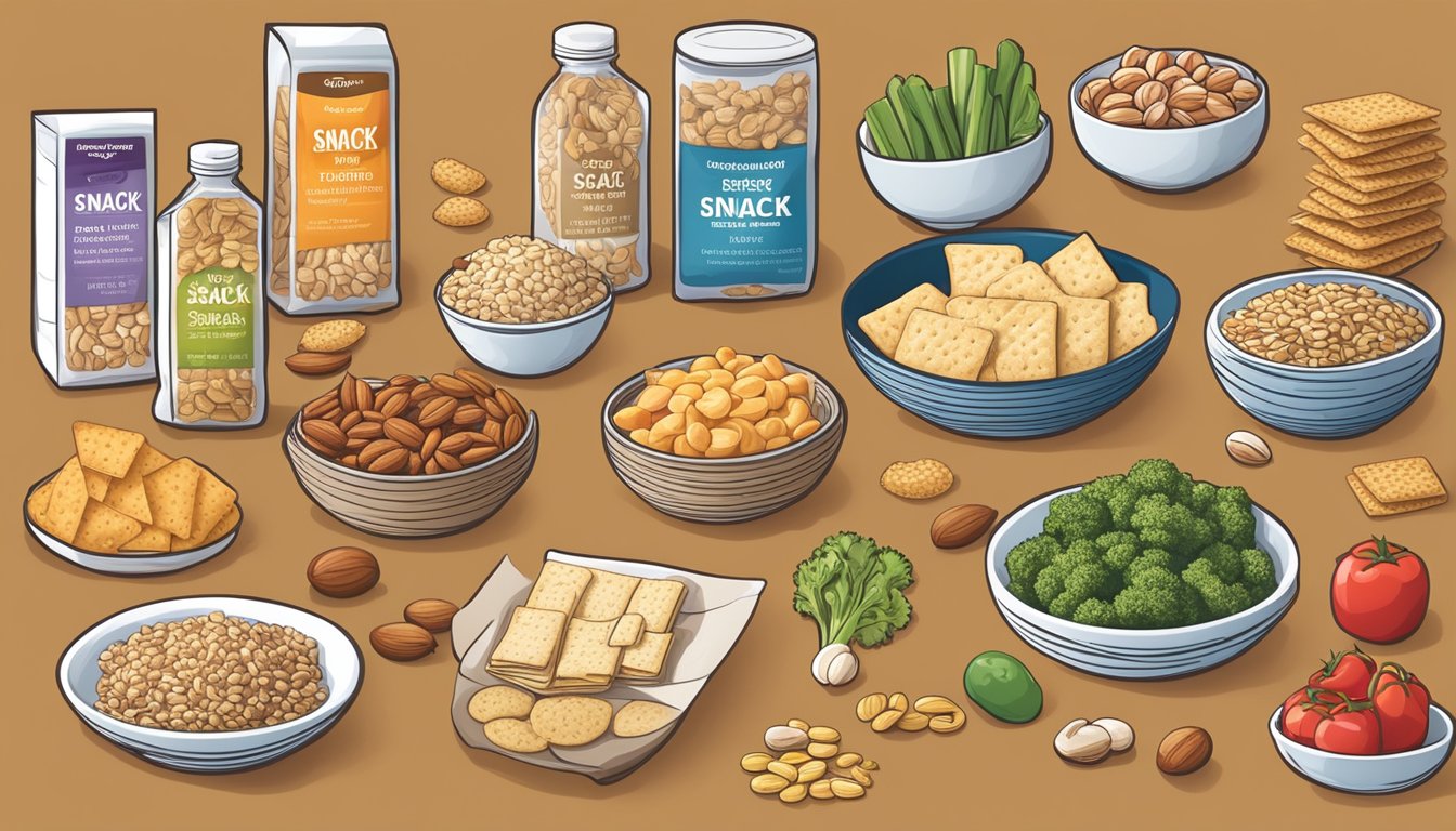 A variety of low-sodium snack options displayed on a table with fresh vegetables, nuts, and whole grain crackers. Bright packaging and clear labeling highlight the healthy choices