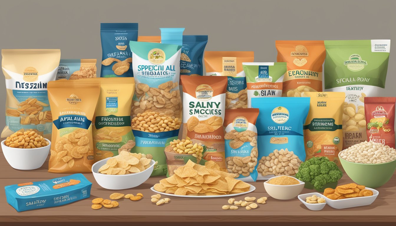 Various healthy salty snacks brands displayed on a table with labels highlighting special dietary considerations