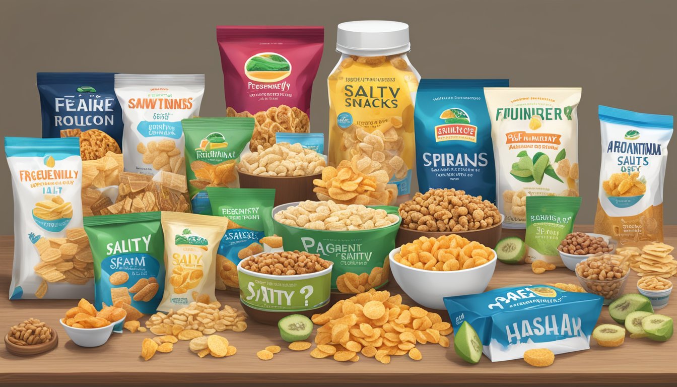 A variety of healthy salty snacks brands arranged on a table with a "Frequently Asked Questions" sign displayed prominently