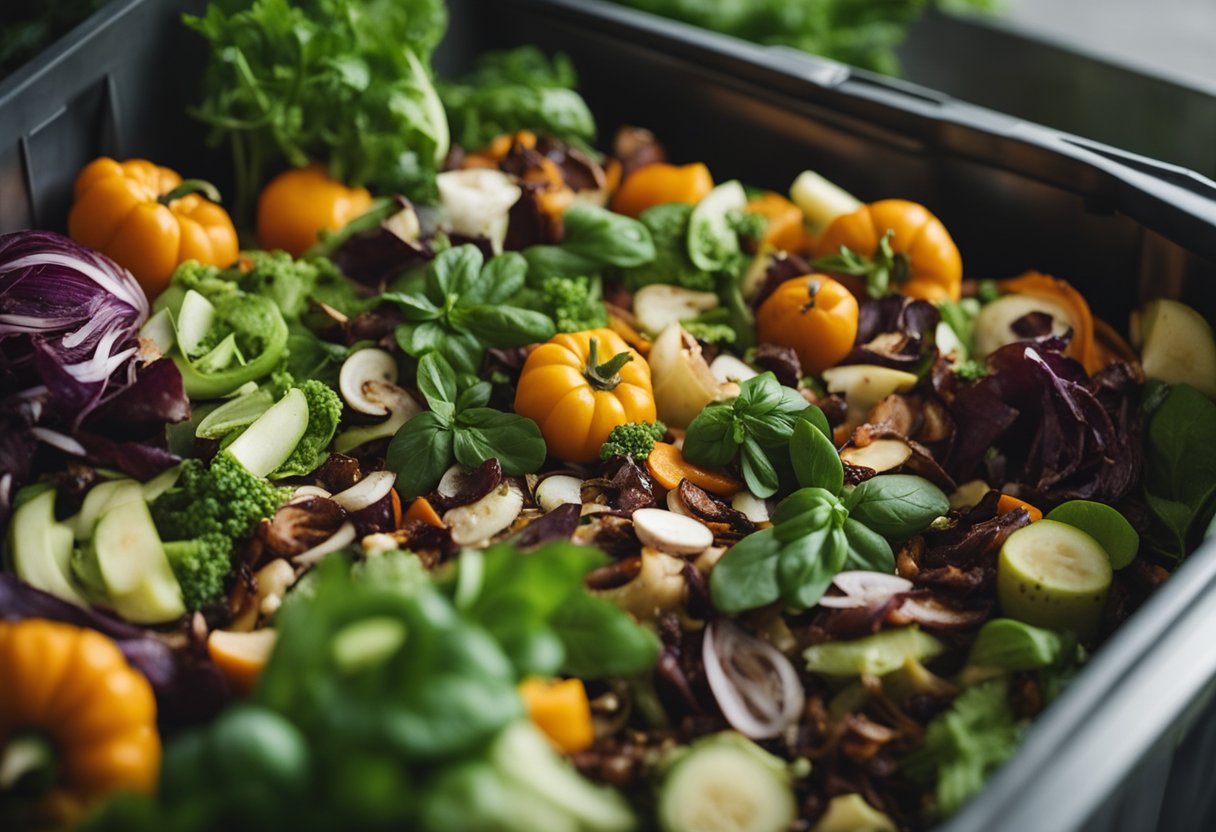 Kitchen scraps are being composted in a bin, while a chef prepares zero waste meals using fresh produce