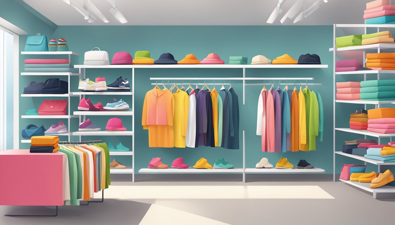 A colorful array of modern clothing items displayed on sleek shelves in a bright, minimalist store