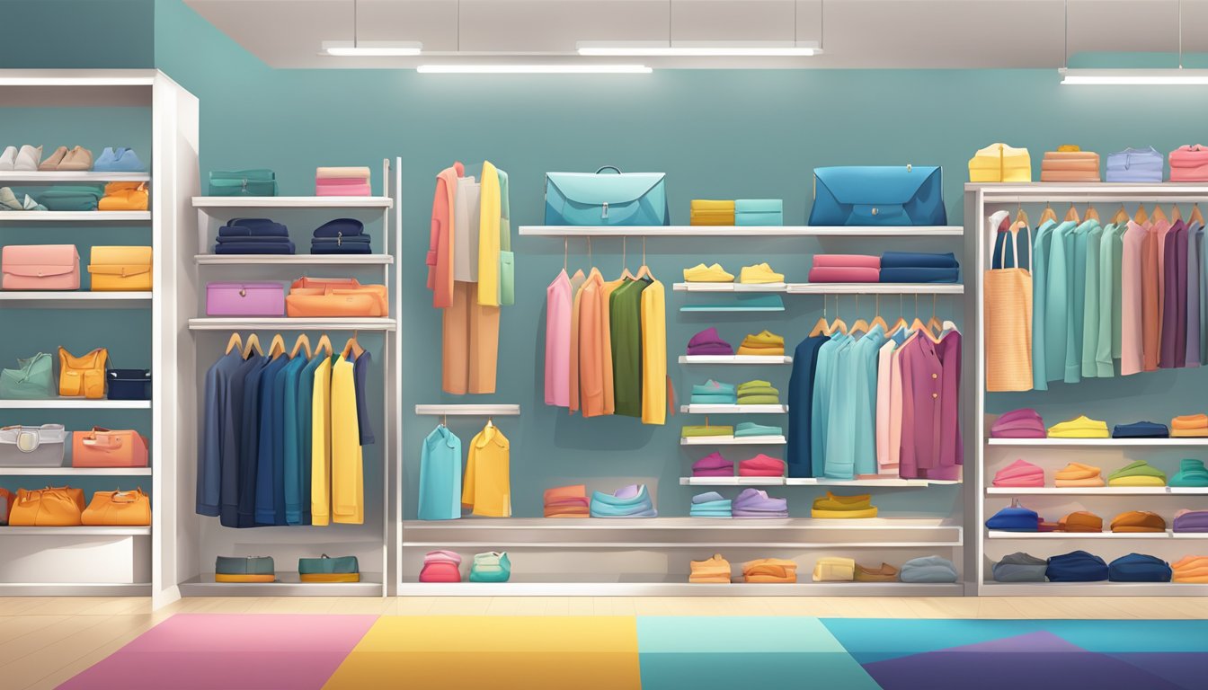 A colorful array of modern clothing items displayed on sleek shelves in a well-lit, spacious retail store