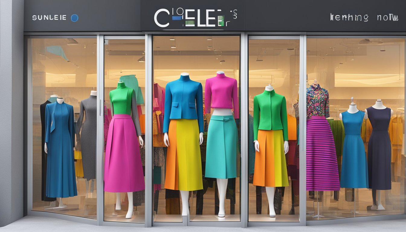 Brightly colored clothing displayed on mannequins in a modern store window. Bold signage promotes the latest marketing strategies for the here and now clothing brand