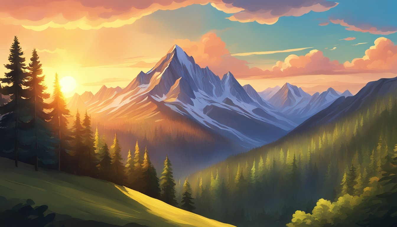 A mountain peak stands tall amidst a lush forest, with the sun setting behind it, casting a warm glow over the landscape