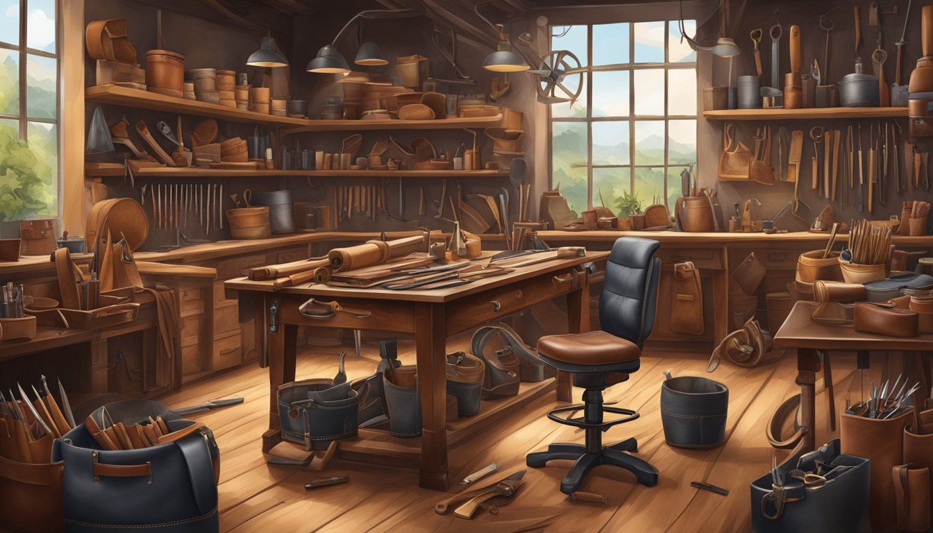 A leather workshop with tools and materials, showcasing the craftsmanship and quality of Hidesign products