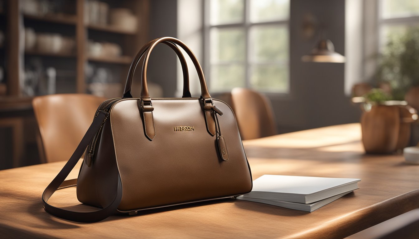 A sleek leather handbag sits on a rustic wooden table, with the "Hidesign" logo subtly embossed on the front, symbolizing the brand's timeless and sophisticated aesthetic