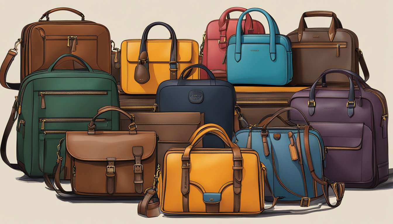 A table showcasing a variety of leather bags and accessories, with the Hidesign logo prominently displayed