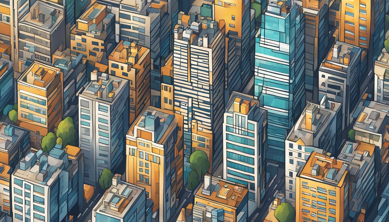 A bustling city skyline with the Hidesign brand logo prominently displayed on a towering building, surrounded by vibrant, modern architecture and bustling streets