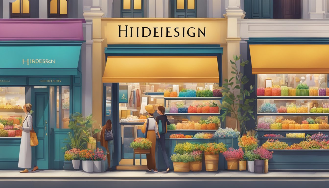 Hidesign brand displayed prominently at a bustling market, with vibrant colors and elegant designs catching the attention of passersby