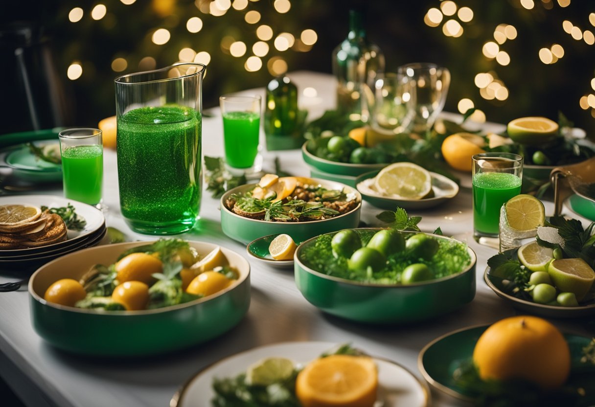 A table filled with vibrant green dishes and drinks, surrounded by festive decorations and twinkling lights