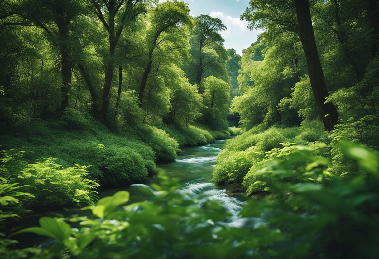 Lush green forest with diverse wildlife, clear blue skies, and a serene river flowing through the landscape