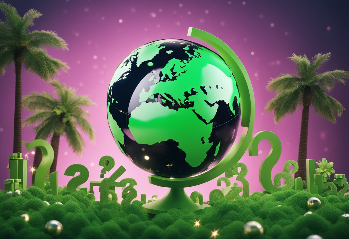 A vibrant green globe surrounded by question marks, with various holiday symbols (palm trees, snowflakes, etc.) floating around it