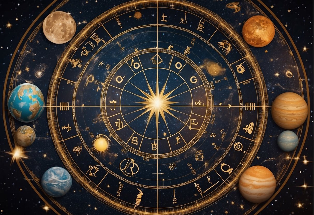 A celestial chart with zodiac signs and planets, surrounded by symbols of love and connection