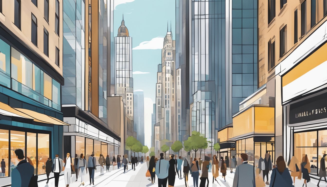 A bustling city street lined with luxury storefronts, adorned with sleek and modern signage. Pedestrians admire the high-end fashion displayed in the windows, while bustling traffic and towering skyscrapers create a sense of global influence