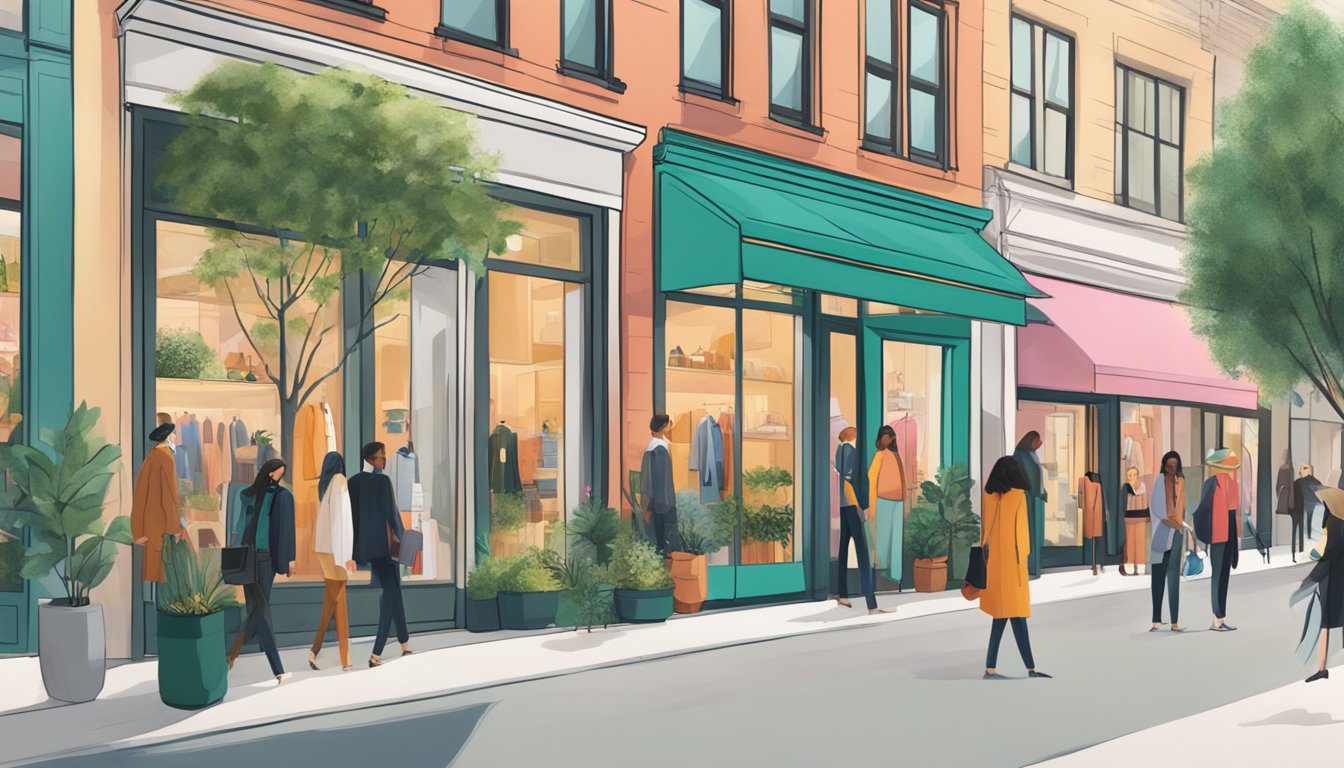 A bustling city street with sleek, modern storefronts showcasing sustainable and ethical high-end fashion brands. Vibrant greenery and eco-friendly materials adorn the displays