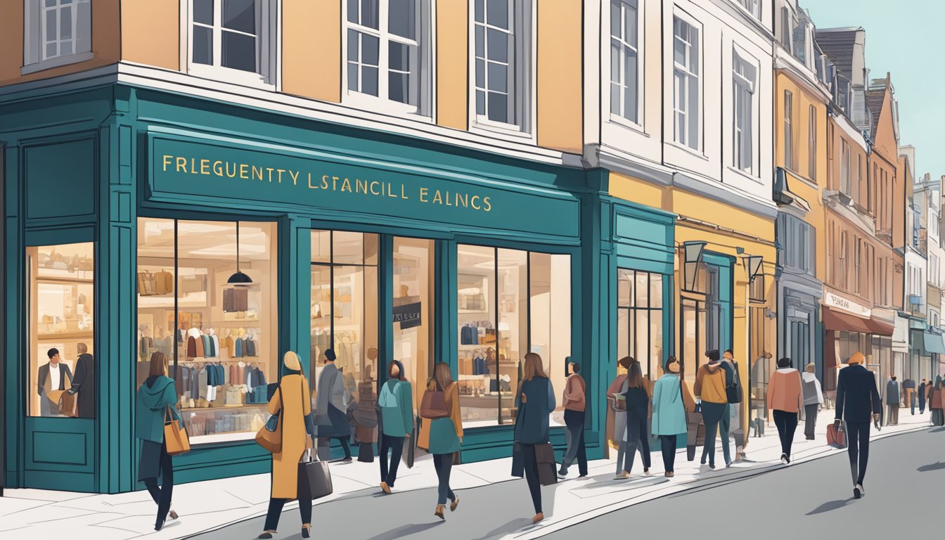 A bustling high street with luxury brand storefronts, customers browsing, and a sign reading "Frequently Asked Questions."