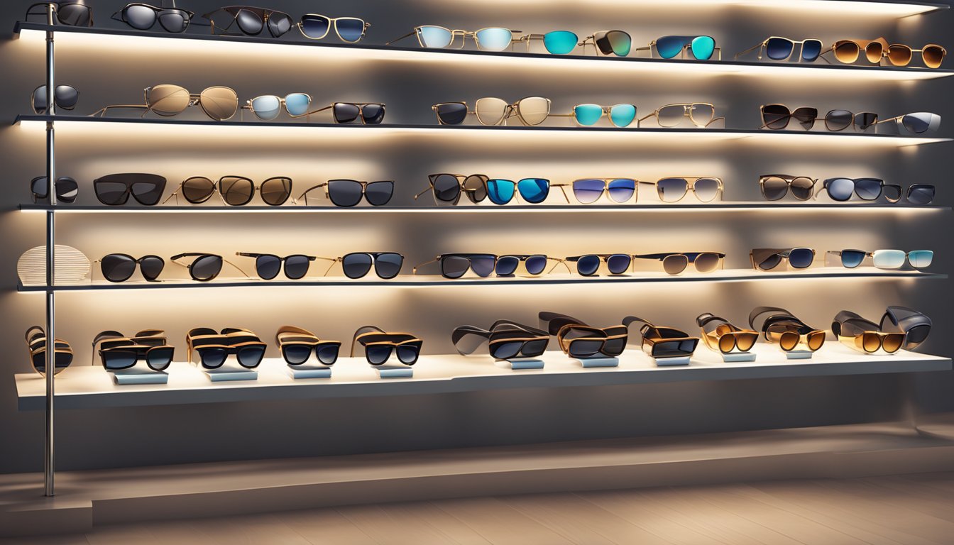 A display of high fashion sunglasses brands arranged on a sleek, modern shelf with dramatic lighting casting a stylish and luxurious ambiance